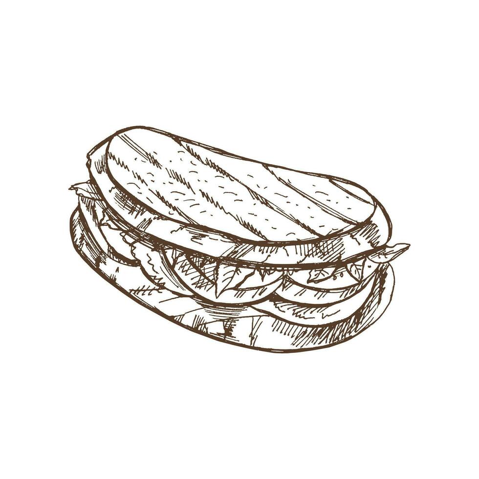Hand gezeichnet Vektor skizzieren von ein Stück von Sandwich mit Gemüse, Käse, Fleisch. Gekritzel Jahrgang Illustration. Dekorationen zum das Speisekarte von Cafés und Etiketten. graviert Bild.