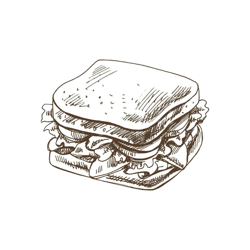 Hand gezeichnet Vektor skizzieren von ein Stück von Sandwich mit Gemüse, Käse, Fleisch. Gekritzel Jahrgang Illustration. Dekorationen zum das Speisekarte von Cafés und Etiketten. graviert Bild.