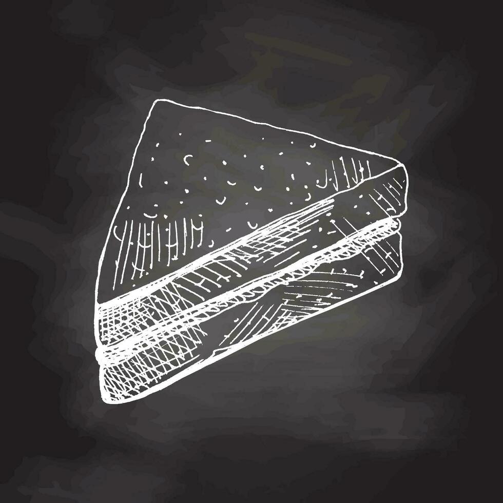 hand dragen vektor skiss av en bit av smörgås. klotter årgång illustration isolerat på svarta tavlan bakgrund. graverat bild.