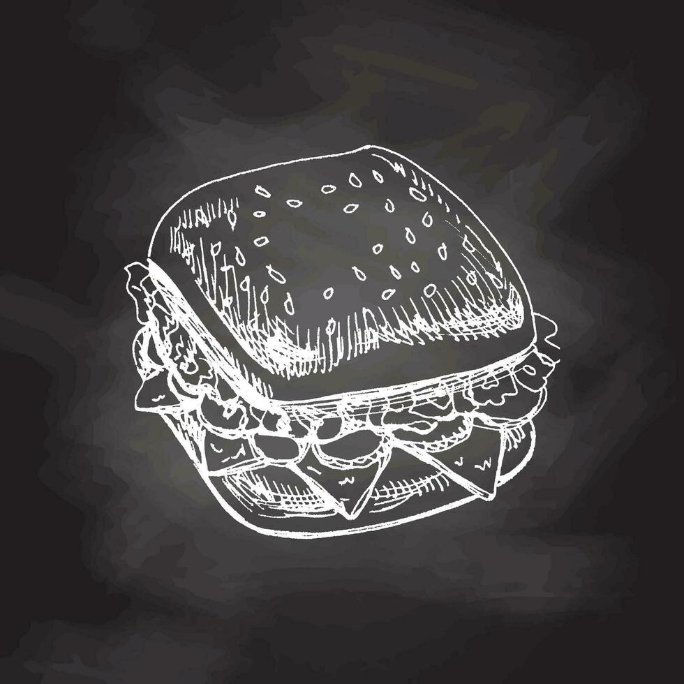 Hand gezeichnet Vektor skizzieren von ein Stück von Sandwich mit Gemüse, Käse, Fleisch. Gekritzel Jahrgang Illustration isoliert auf Tafel Hintergrund.