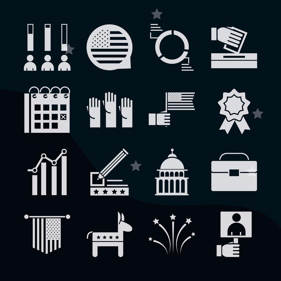 US-Wahlen politischer Wahlkampf Silhouette Icons Set vektor