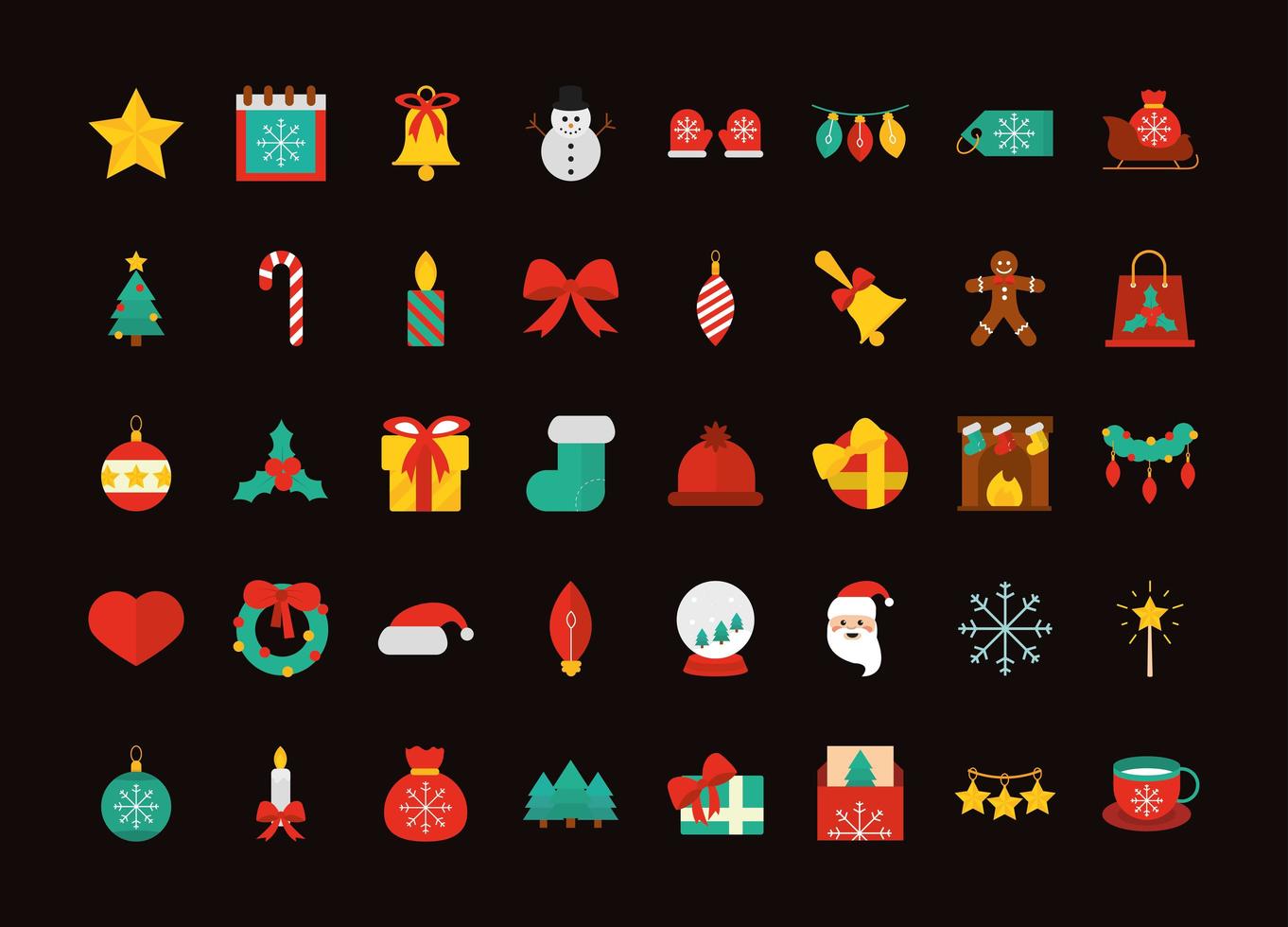 frohe frohe weihnachten dekoration ornamente jahreszeitfeier festlich flache ikonen pack vektor