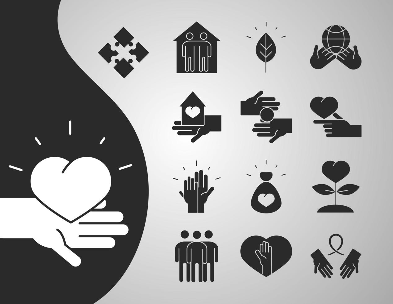 Gemeinschaft zusammen Wohltätigkeitsspende und Liebe Silhouette Icons Set vektor