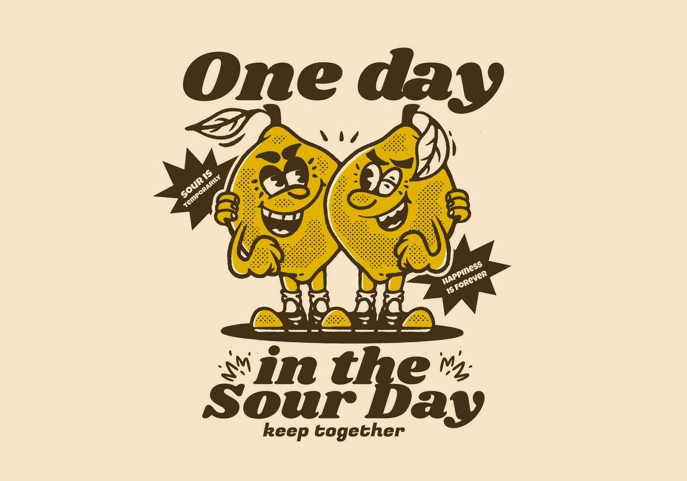 einer Tag im das sauer Tag, zwei Zitronen Maskottchen Charakter Illustration im Jahrgang Stil vektor