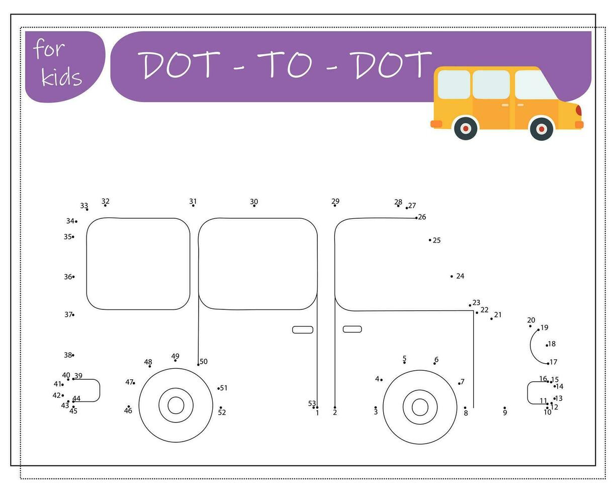 en spel med tal, ett pedagogisk spel från punkt till punkt för barn, tecknad serie bilar. vektor illustration på en vit bakgrund.