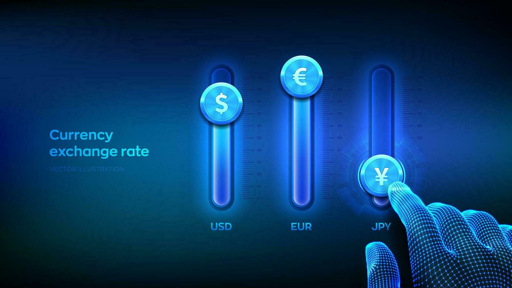 valuta utbyta priser. finansiell stock marknadsföra. fintech. trådmodell hand justera en valuta utbyta priser. blandning trösta. handel data, investering, pengar konvertera begrepp. vektor illustration.