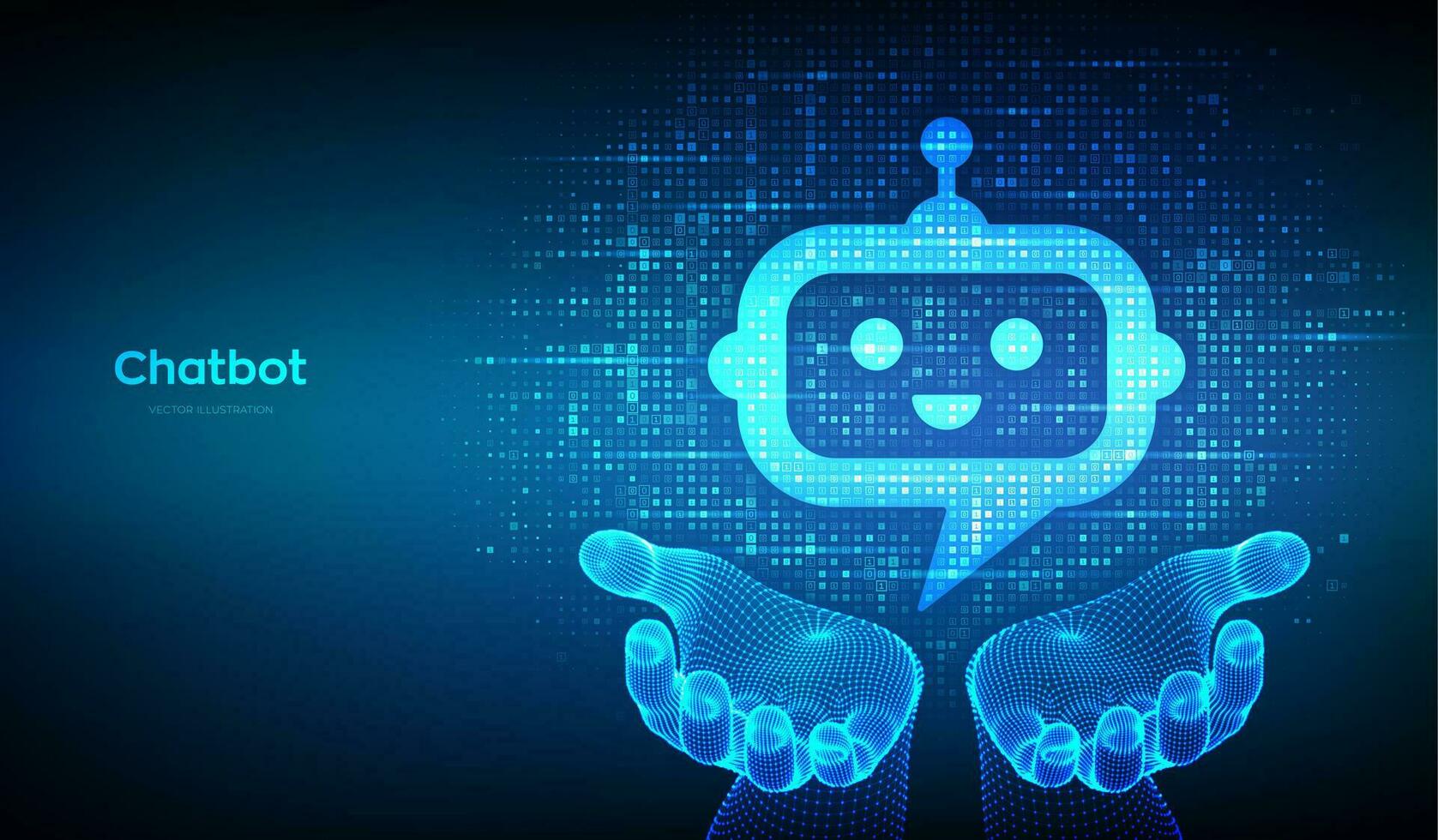 Roboter Chatbot Kopf Symbol Zeichen gemacht mit binär Code im Drahtmodell Hände. Chatbot Assistent Anwendung. Digital binär Daten und Streaming Digital Code. Hintergrund mit Ziffern 1.0. Vektor Illustration.