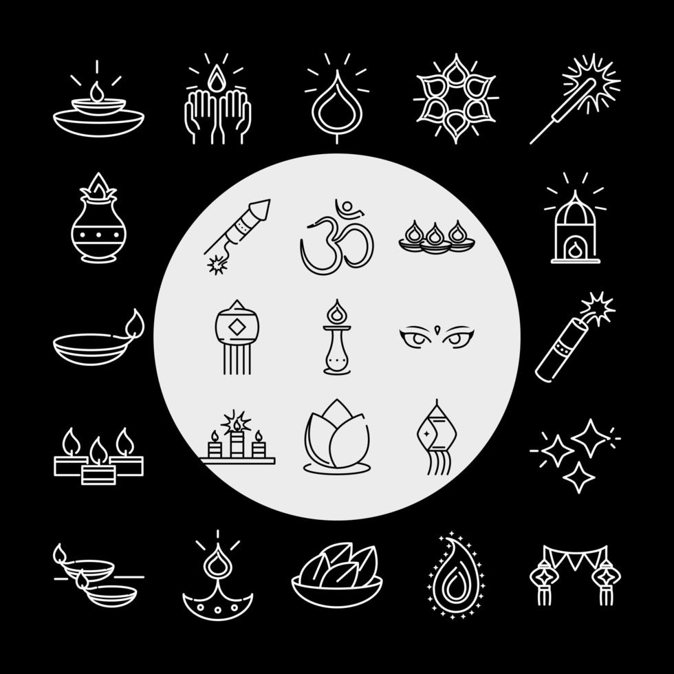 Happy Diwali Indien Festival Deepavali Religion Event Line Style Icons dunkler Hintergrund vektor