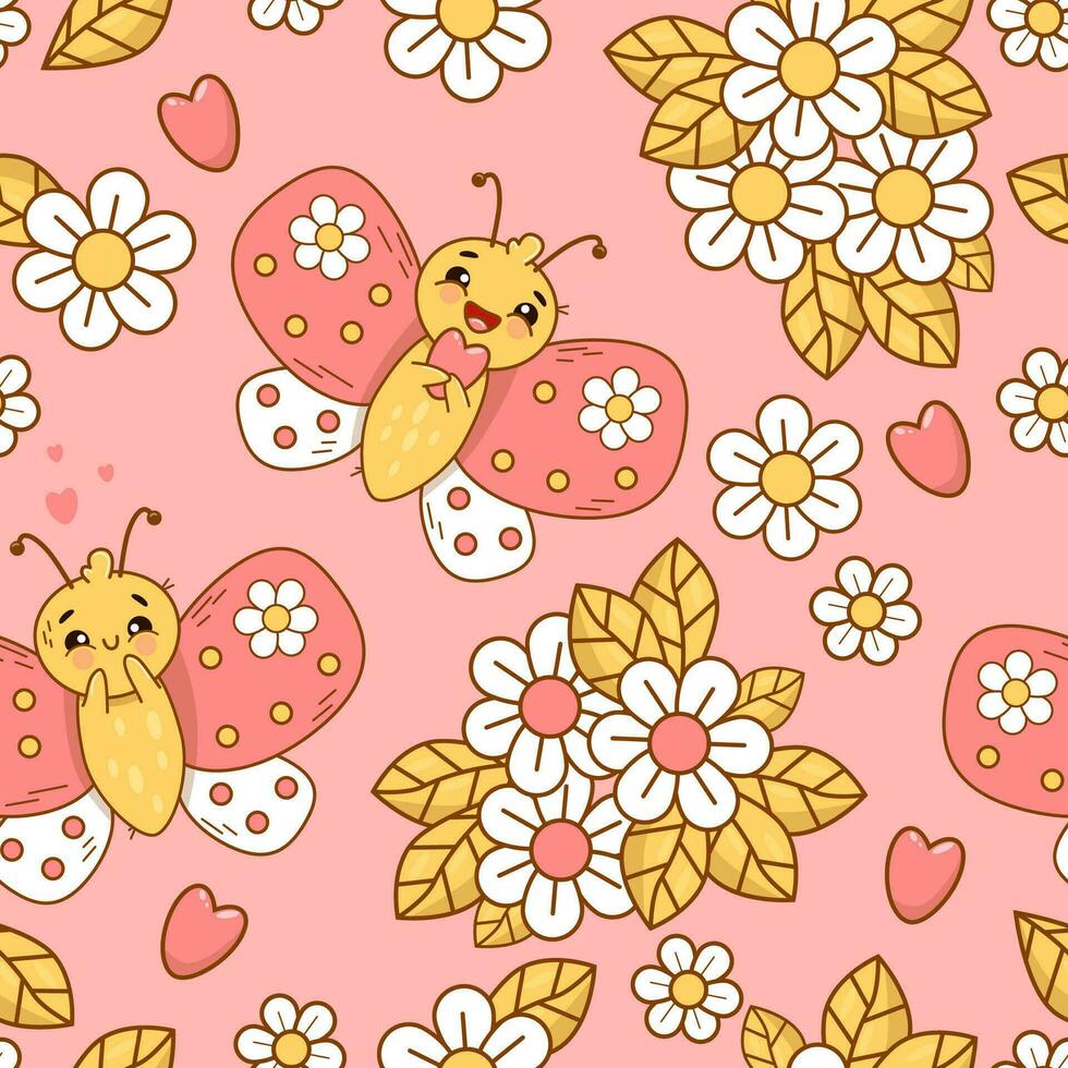 sömlös mönster med söt i kärlek fjärilar och blommor på rosa bakgrund. häftig vektor illustration för tapet, design, textil, förpackning, dekor. barn samling.