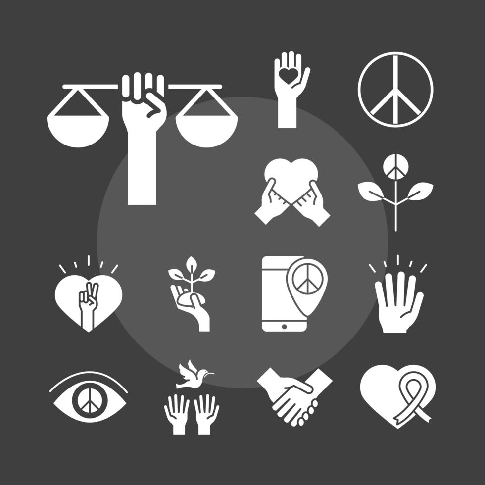 Menschenrechtstag Linie Icons Set Design enthalten Herzen Yin Yang Friedensgesetz Hände schwarzen Hintergrund vektor