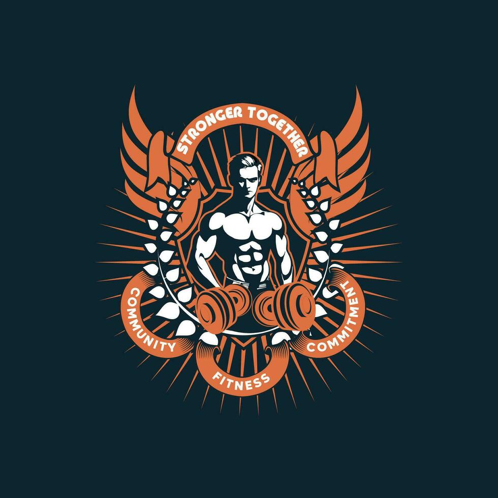 Vektor Fitnessstudio stärker zusammen Emblem T-Shirt Design dunkel Hintergrund