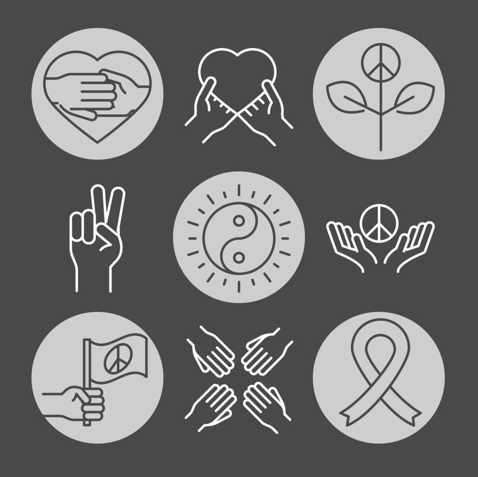 mänskliga rättigheter dag linje ikoner set design ingår hjärta yin yang band vektor