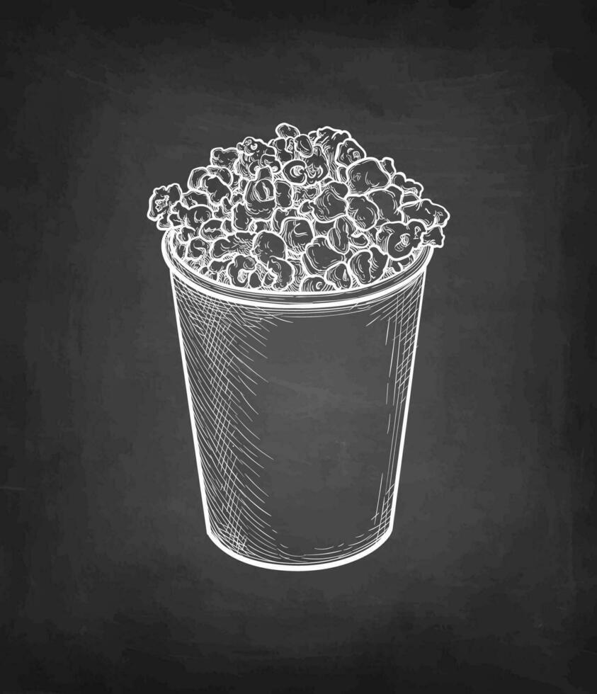 popcorn i en plast eller papper kopp. krita skiss på svarta tavlan bakgrund. hand dragen vektor illustration. retro stil.