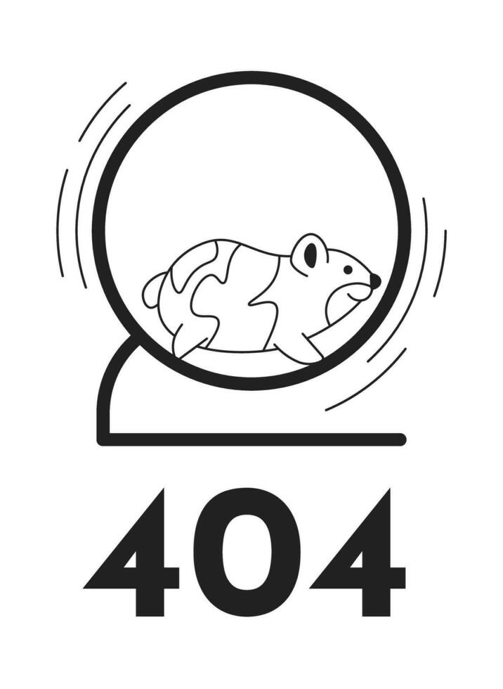 söt hamster snabb löpning i hjul svart vit fel 404 blixt meddelande. svartvit tömma stat ui design. sida inte hittades dyka upp tecknad serie bild. vektor platt översikt illustration begrepp