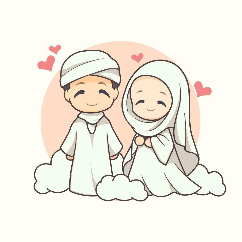 söt tecknad serie muslim par pojke och flicka i kärlek. vektor illustration.