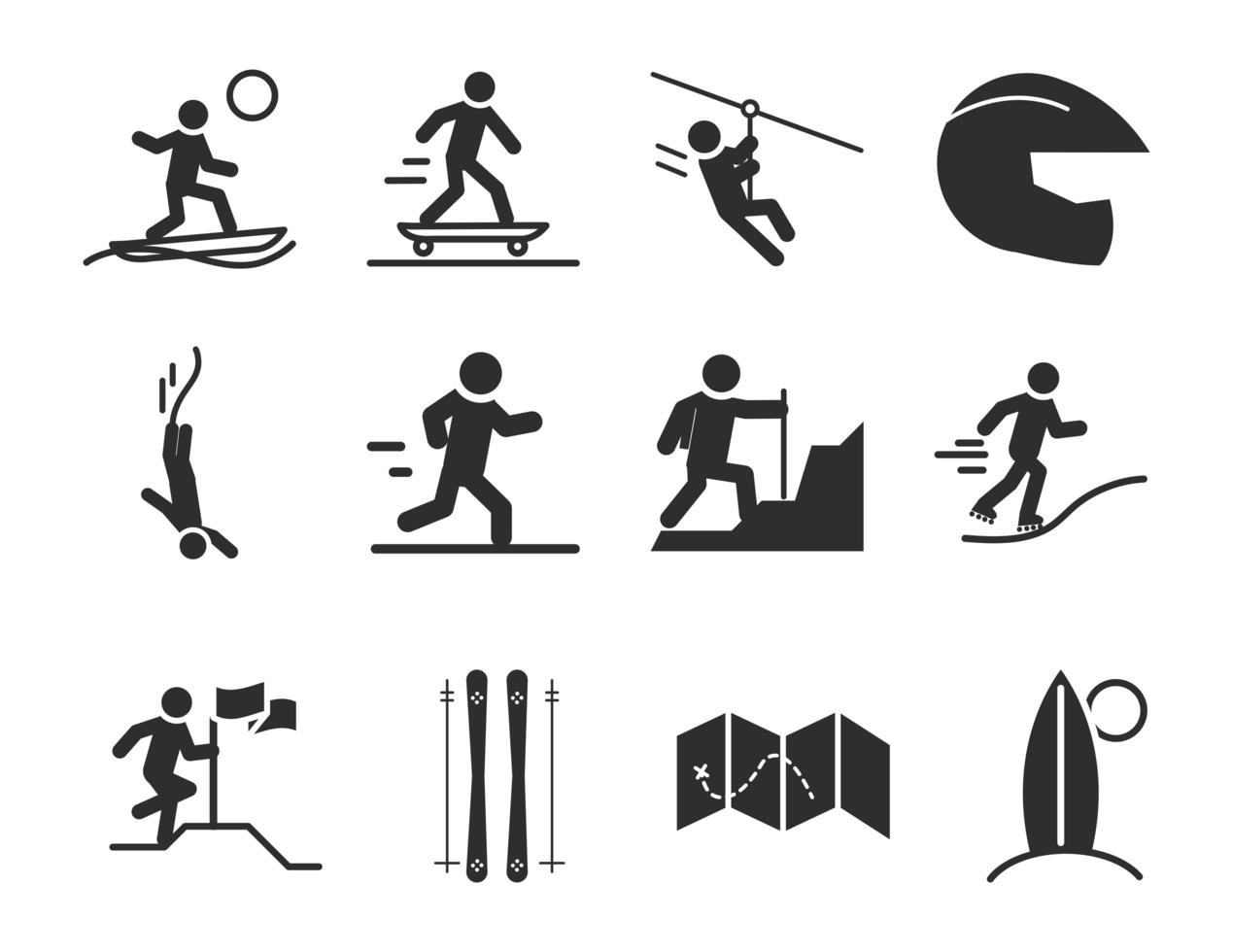 Extremsport aktiver Lebensstil Skater Läufer Klettern Surf Silhouette Icons Set Design vektor