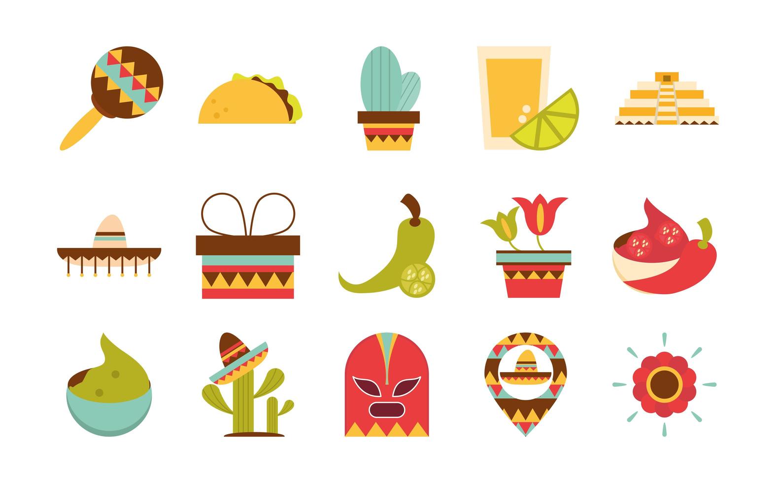 mexikanska ikoner samling dekoration fest festlig platt design vektor