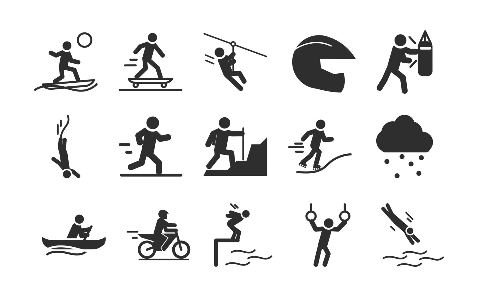 Extremsport aktiver Lebensstil Surfen Skate Kajak Motocross Silhouette Icons Set Design vektor
