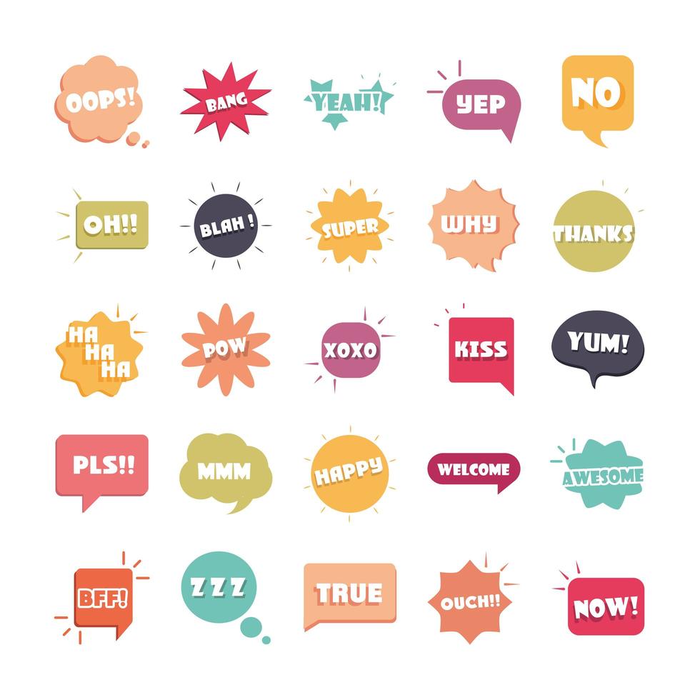 slang bubblar olika ord och fraser i flerfärgad tecknad kyss super sant glad platt ikoner set vektor
