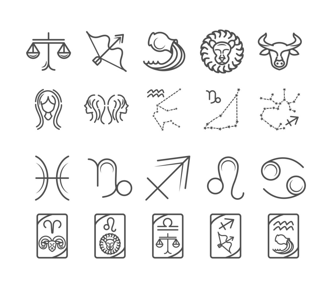 Sternzeichen Astrologie Horoskop Kalender Konstellation Widder Schütze Löwe Waage Symbole Sammlung Linienstil vektor