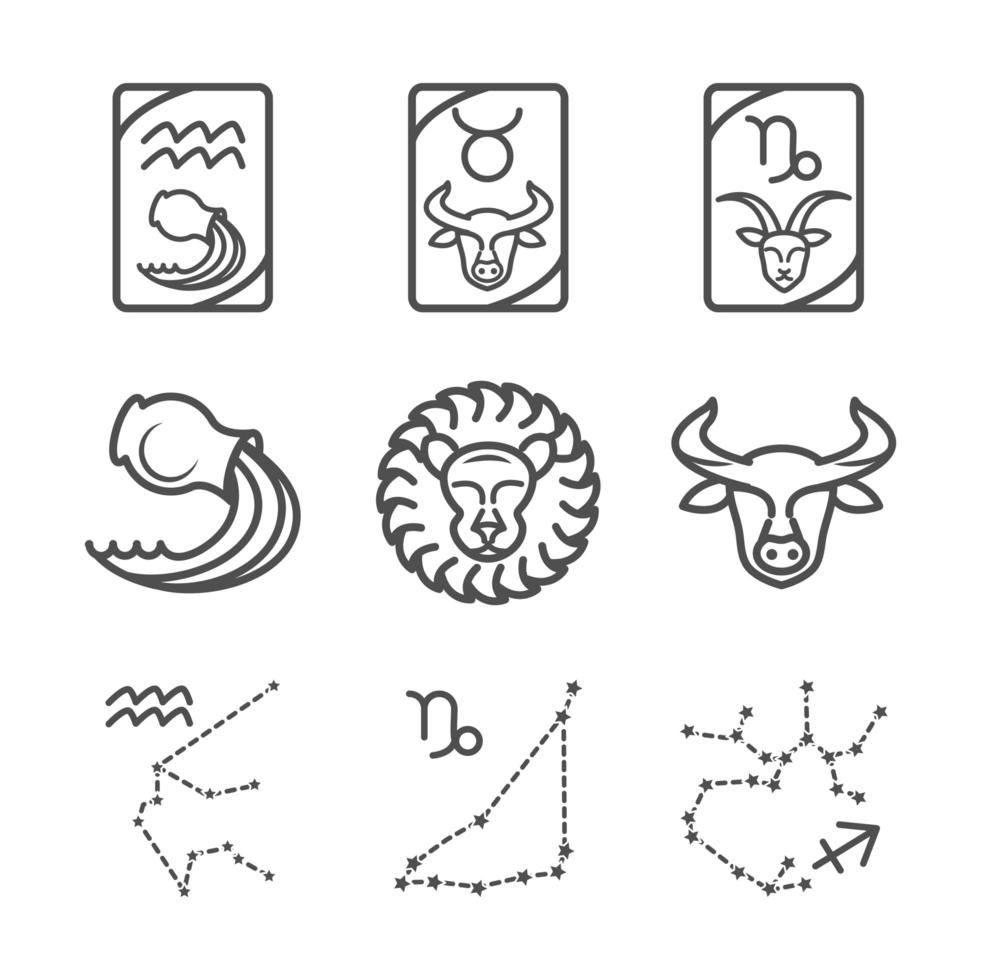 Sternzeichen Astrologie Horoskop Kalender Konstellation Stier Löwe Aquarium Symbole Sammlung Linienstil vektor