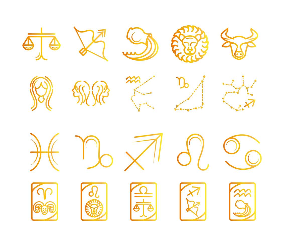 zodiac astrologi horoskop kalender konstellation aries sagittarius leo libra ikoner samling gradient stil vektor