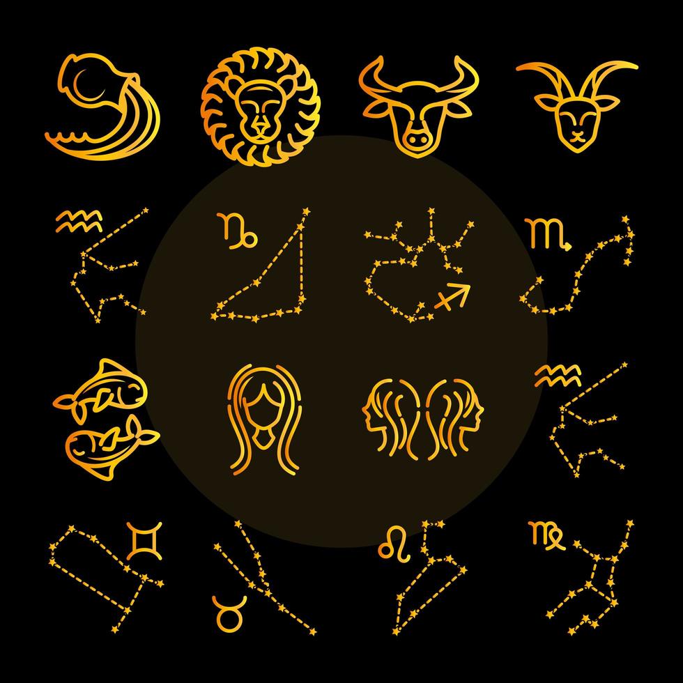 stjärntecken astrologi horoskop kalender konstellation stenbock leo taurus gemini ikoner samling lutning stil svart bakgrund vektor
