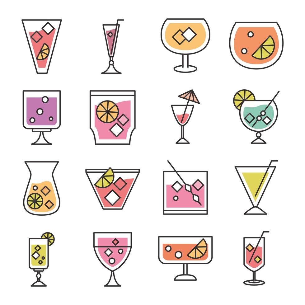 Cocktail-Symbol trinken Schnaps Alkohol Glasbecher leckere Getränke Icons Set vektor