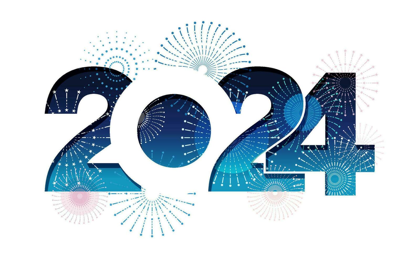 das Jahr 2024 Neu Jahre Gruß Symbol Logo dekoriert mit Feuerwerk. Vektor Illustration isoliert auf ein Weiß Hintergrund.