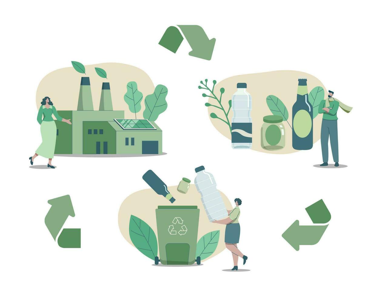 eco vänlig hållbar, plast och glas återvinning bearbeta. återvinna och miljö- vård begrepp. vektor design illustration.
