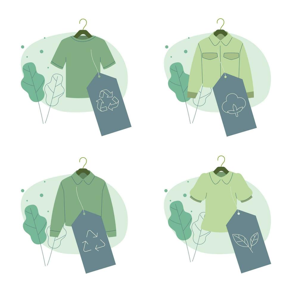 einstellen von Öko freundlich Kleidung nachhaltig, Recycling, Baumwolle, organisch Textil. recyceln und Umwelt Pflege Konzept auf Mode. Vektor Design Illustration.