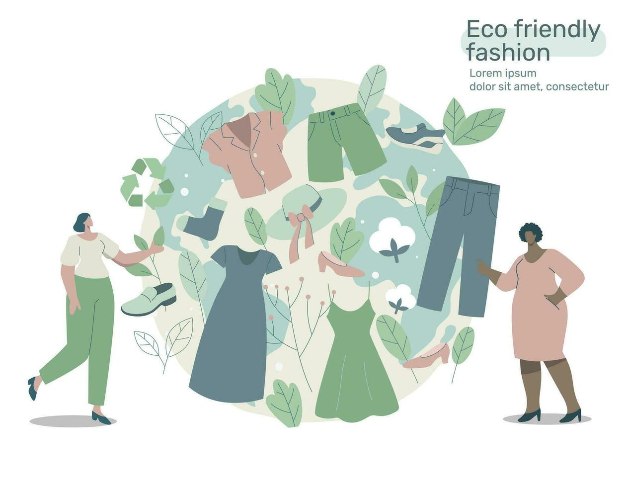 Öko freundlich Kleidung nachhaltig, Recycling Textil, organisch Baumwolle Stoff, recyceln und Umwelt Pflege Konzept auf Mode. Vektor Design Illustration.