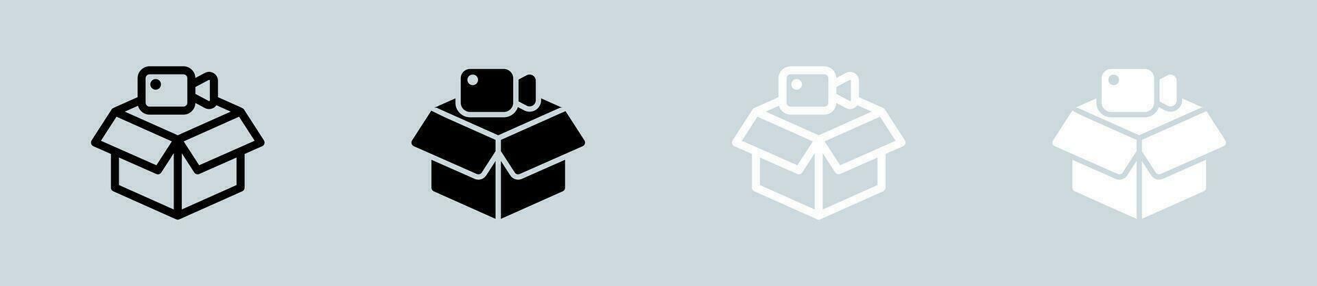 Unboxing Video Symbol einstellen im schwarz und Weiß. Rezension Zeichen Vektor Illustration.