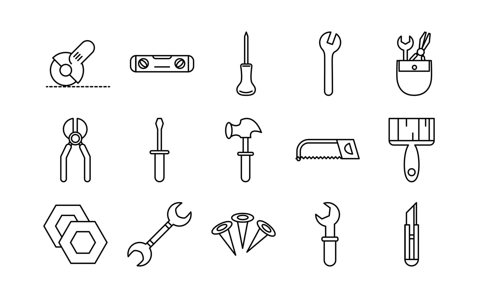 Symbole für Werkzeugreparatur, Wartung und Baumaschinen setzen Liniensymbol vektor