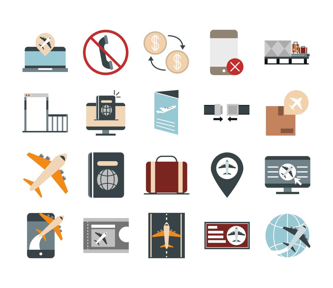 flygplats resor transport terminal turism eller företag laptop smartphone resväska pass flygbiljett platt stil ikoner set vektor
