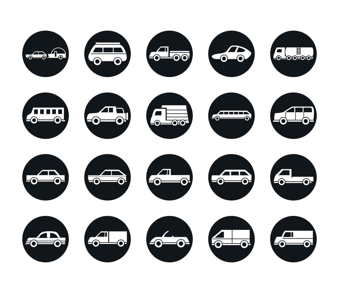 bilmodell resebuss lastbil transportfordon silhuett stilikoner set design vektor