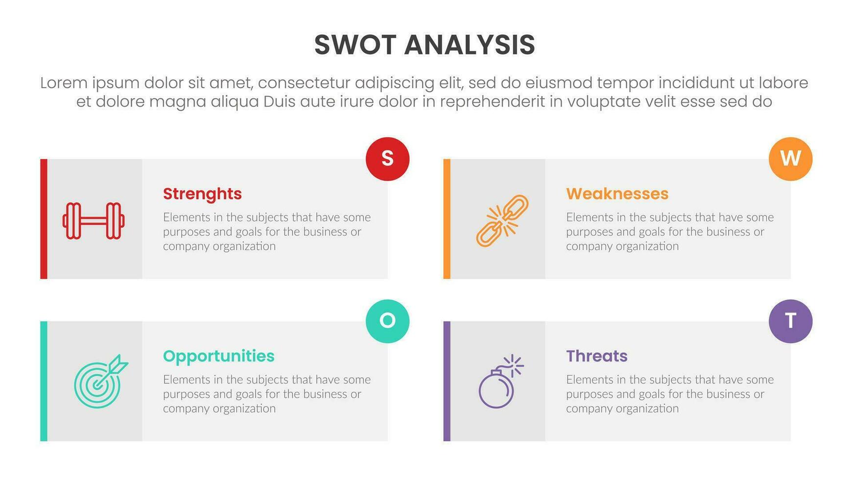 SWOT analys begrepp med för infographic mall baner med rektangel låda symmetrisk fyra punkt lista information vektor