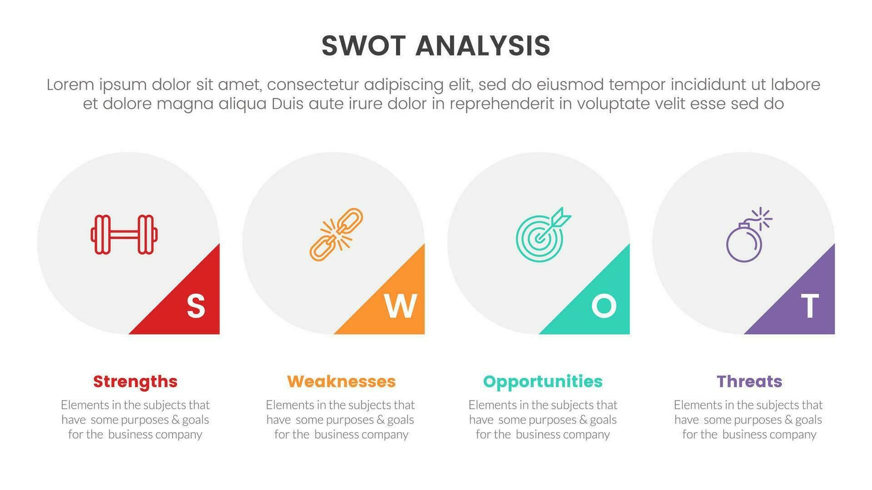 SWOT analys begrepp med för infographic mall baner med stor cirkel och triangel bricka på botten fyra punkt lista information vektor