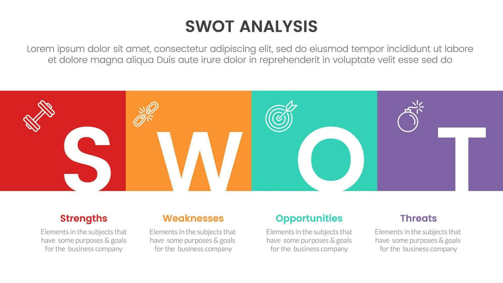 SWOT analys begrepp med för infographic mall baner med fyrkant låda full bredd och titel bricka fyra punkt lista information vektor