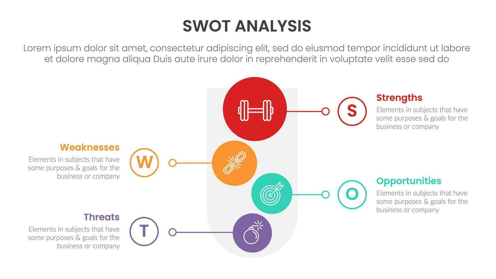 SWOT analys begrepp med för infographic mall baner med stor cirkel på tratt glas fyra punkt lista information vektor