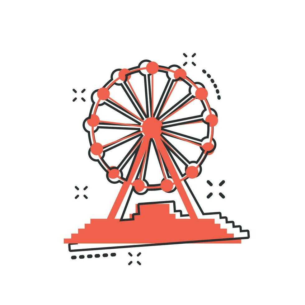 Vektor-Cartoon-Riesenrad-Symbol im Comic-Stil. Karussell im Parkzeichen-Illustrationspiktogramm. Vergnügungsfahrgeschäft Splash-Effekt-Konzept. vektor