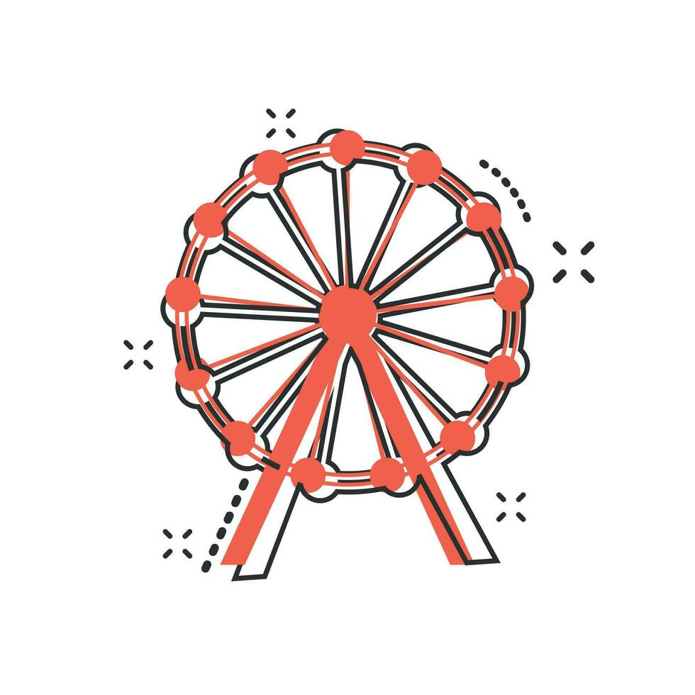 Vektor-Cartoon-Riesenrad-Symbol im Comic-Stil. Karussell im Parkzeichen-Illustrationspiktogramm. Vergnügungsfahrgeschäft Splash-Effekt-Konzept. vektor