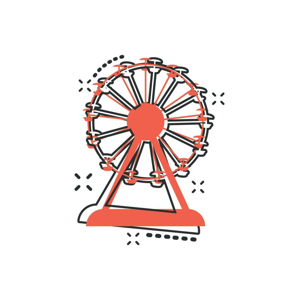 Vektor-Cartoon-Riesenrad-Symbol im Comic-Stil. Karussell im Parkzeichen-Illustrationspiktogramm. Vergnügungsfahrgeschäft Splash-Effekt-Konzept. vektor