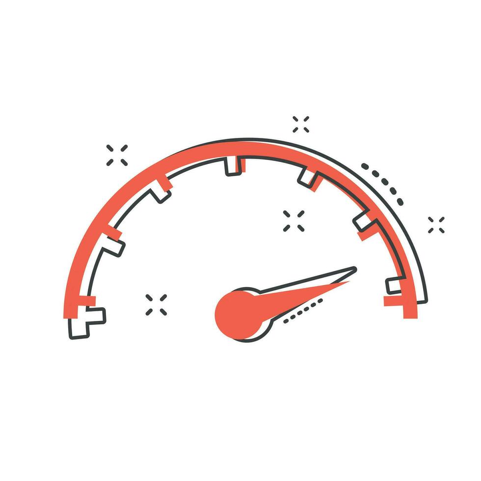 Cartoon-Höchstgeschwindigkeitssymbol im Comic-Stil. Tachometer-Zeichen-Illustrations-Piktogramm. Tachometer-Splash-Geschäftskonzept. vektor