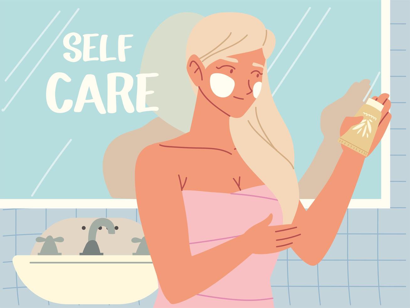 Mädchen, das im Badezimmer steht und Lotion Hautpflege in der Hand hält, Selbstpflege self vektor