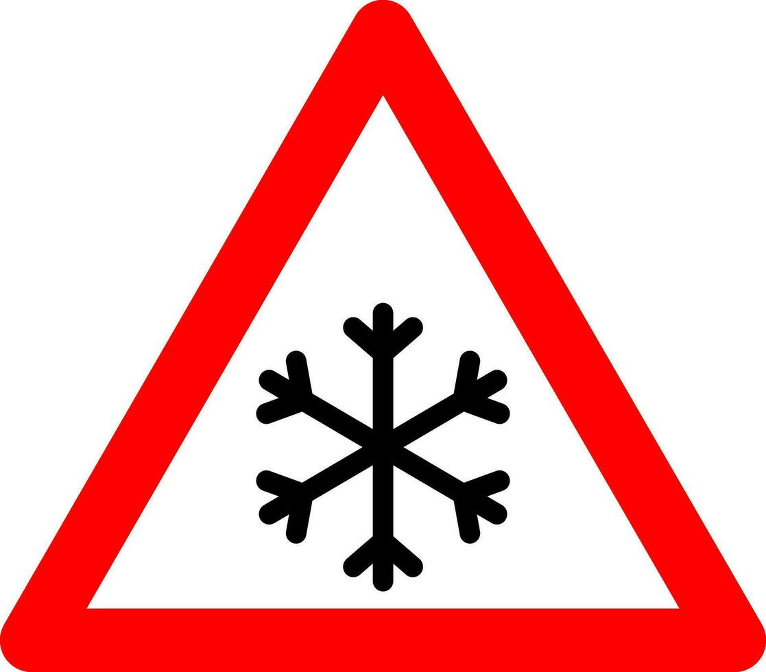 Schneefall unterzeichnen. Schneefall Warnung unterzeichnen. rot Dreieck Zeichen mit ein Schneeflocke Symbol innen. Vorsicht, Schneefall, rutschig Straße. Straße Zeichen Schneefall. Schnee und Eis unterzeichnen. vektor