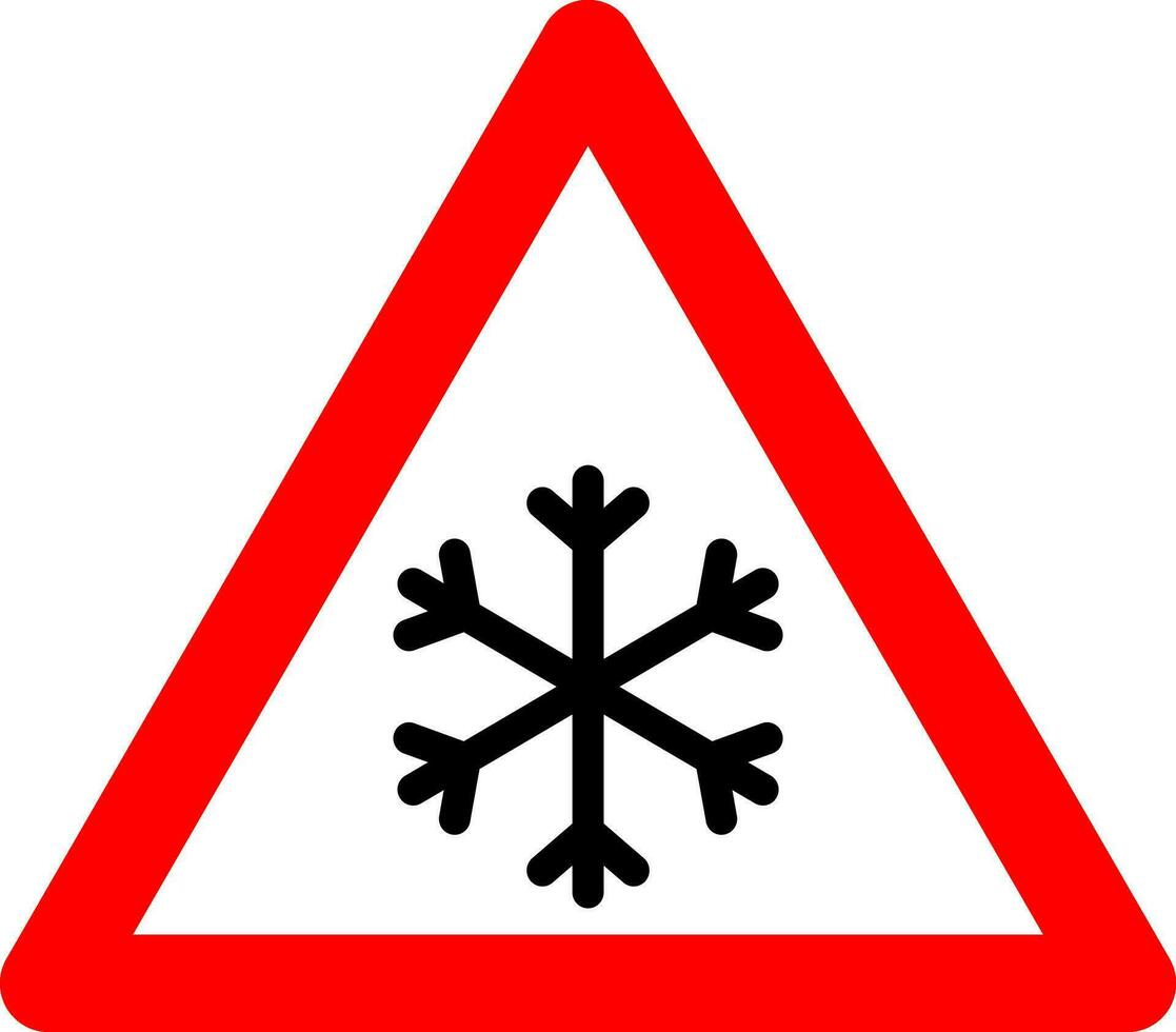 snöfall tecken. snöfall varning tecken. röd triangel tecken med en snöflinga ikon inuti. varning, snöfall, hal väg. väg tecken snöfall. snö och is tecken. vektor