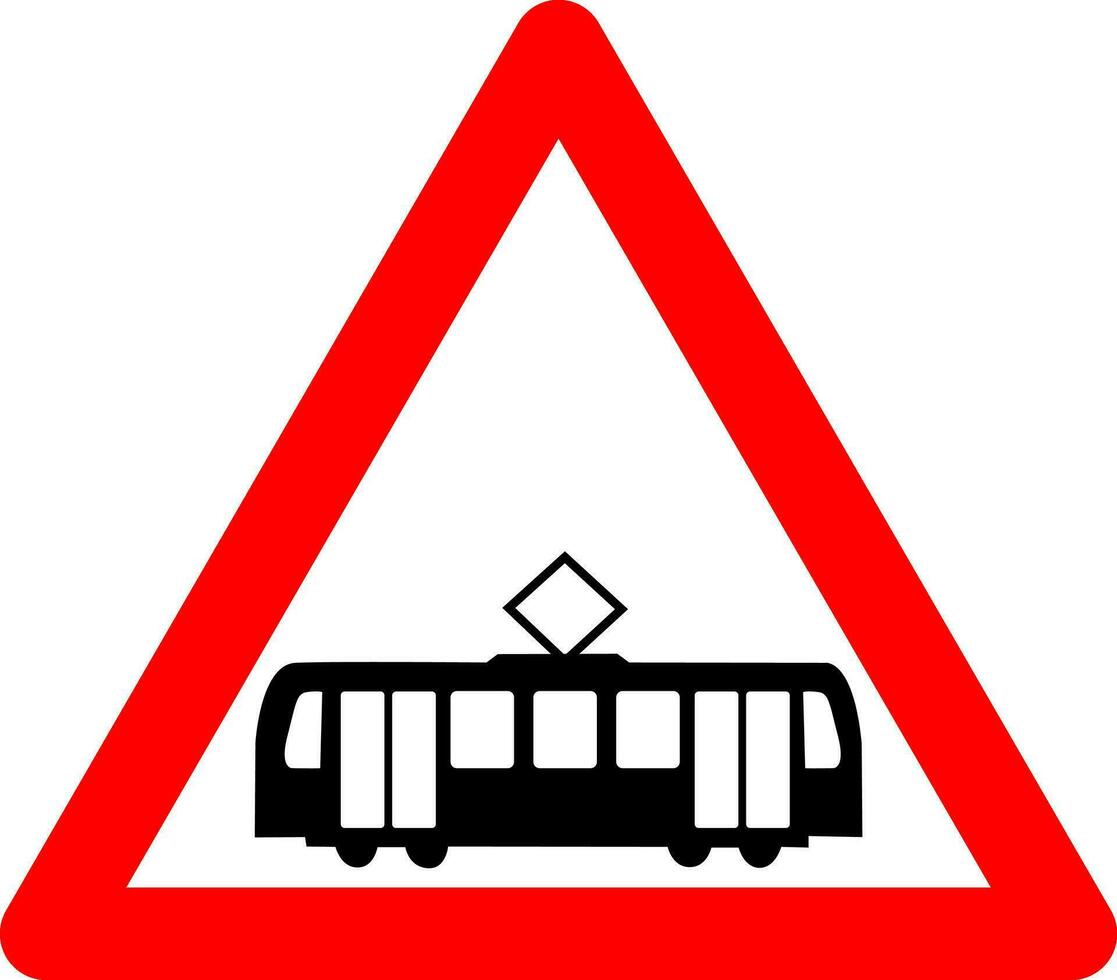 Straßenbahn Kreuzung unterzeichnen. Warnung Zeichen Kreuzung mit Straßenbahn Spuren. rot Dreieck Zeichen mit Straßenbahn Silhouette innen. Vorsicht Straßenbahn. Straße unterzeichnen. vektor