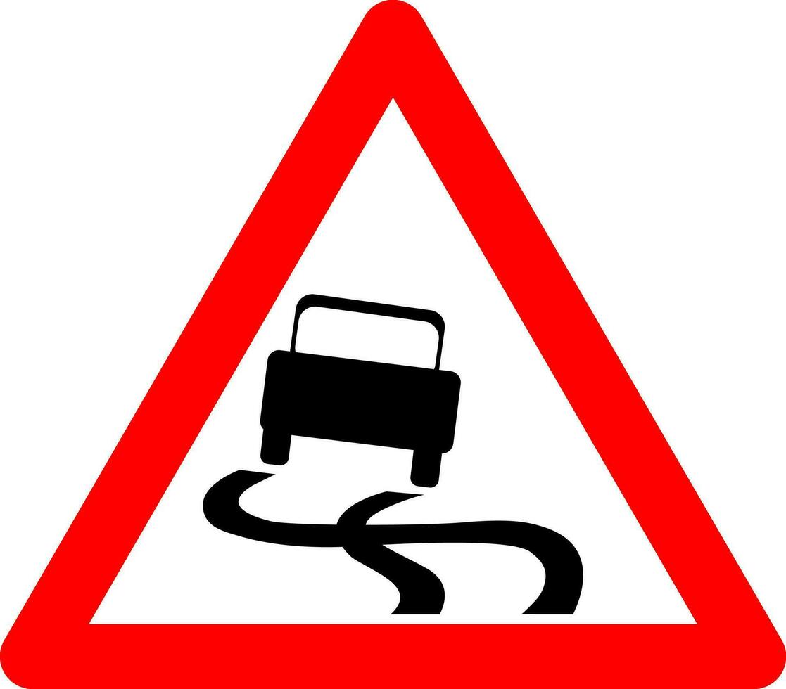 varning tecken hal väg. tecken hal väg. röd triangel tecken med bil slirning inuti. varning våt, snöig, isig väg. glid risk. vektor