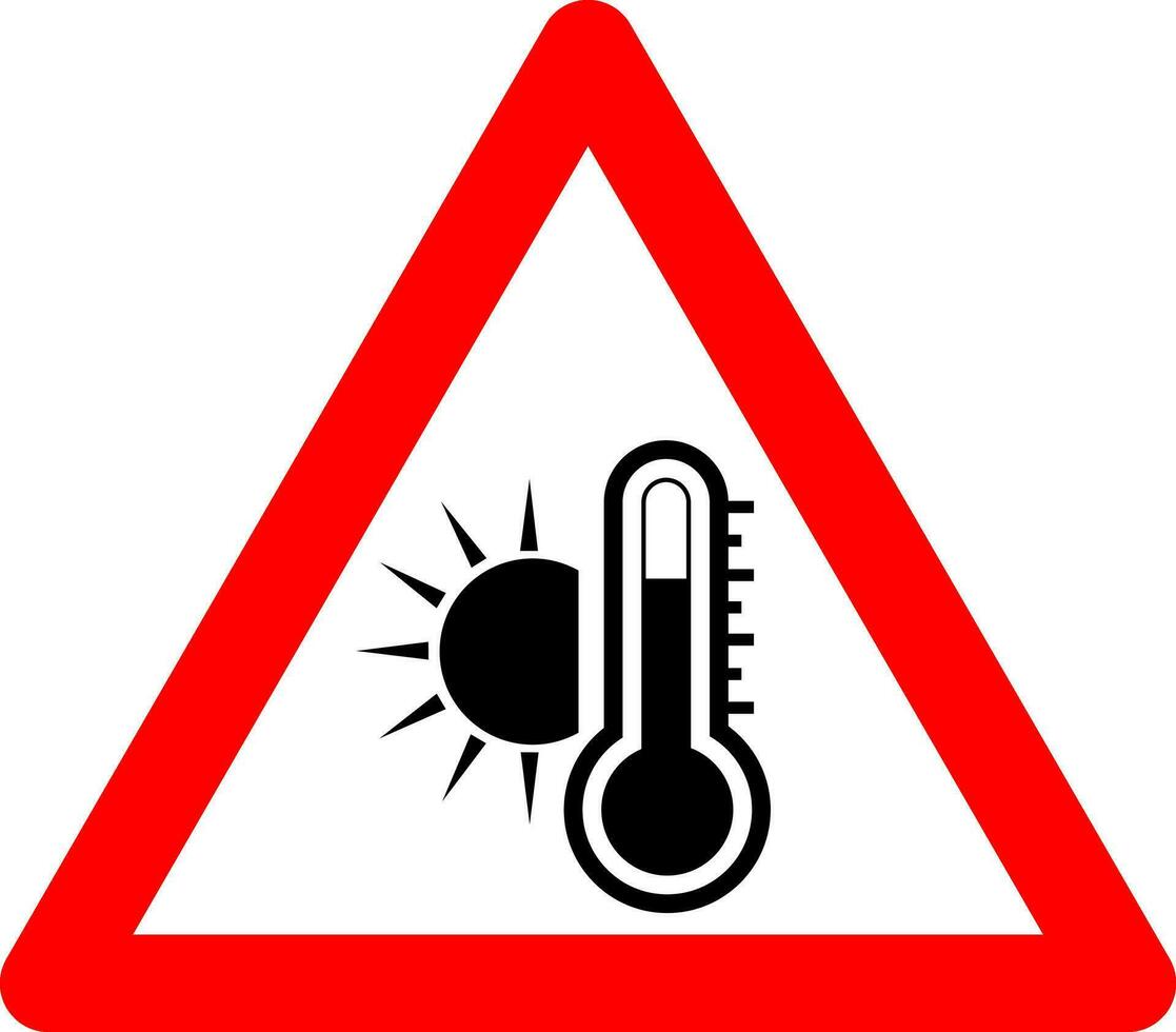 hög temperatur tecken. varning tecken. röd triangel med de bild av de Sol och en termometer inuti. mycket varm och brinnande. vektor